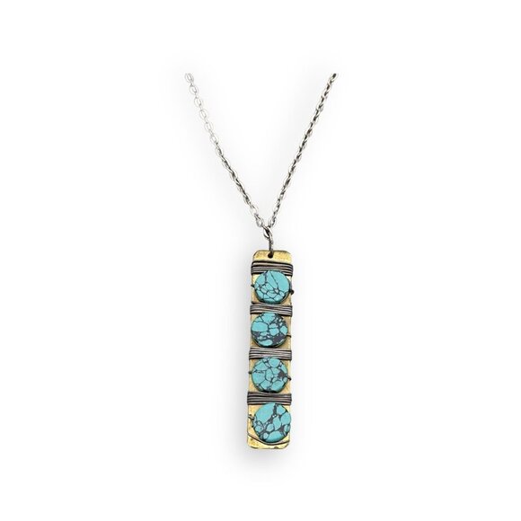 Zad Round Turquoise Wire Wrapped Bar Pendant Chain Necklace Silver Gold Tone - Picture 1 of 5